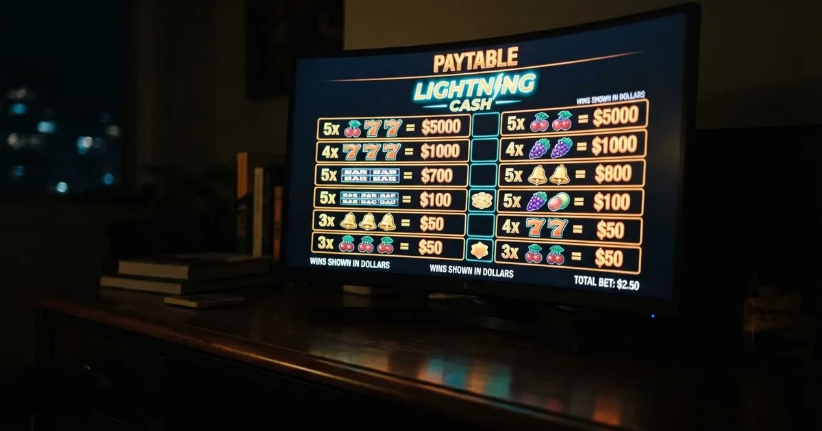 A slot machine's paytable screen glowing on a monitor in a dim room.