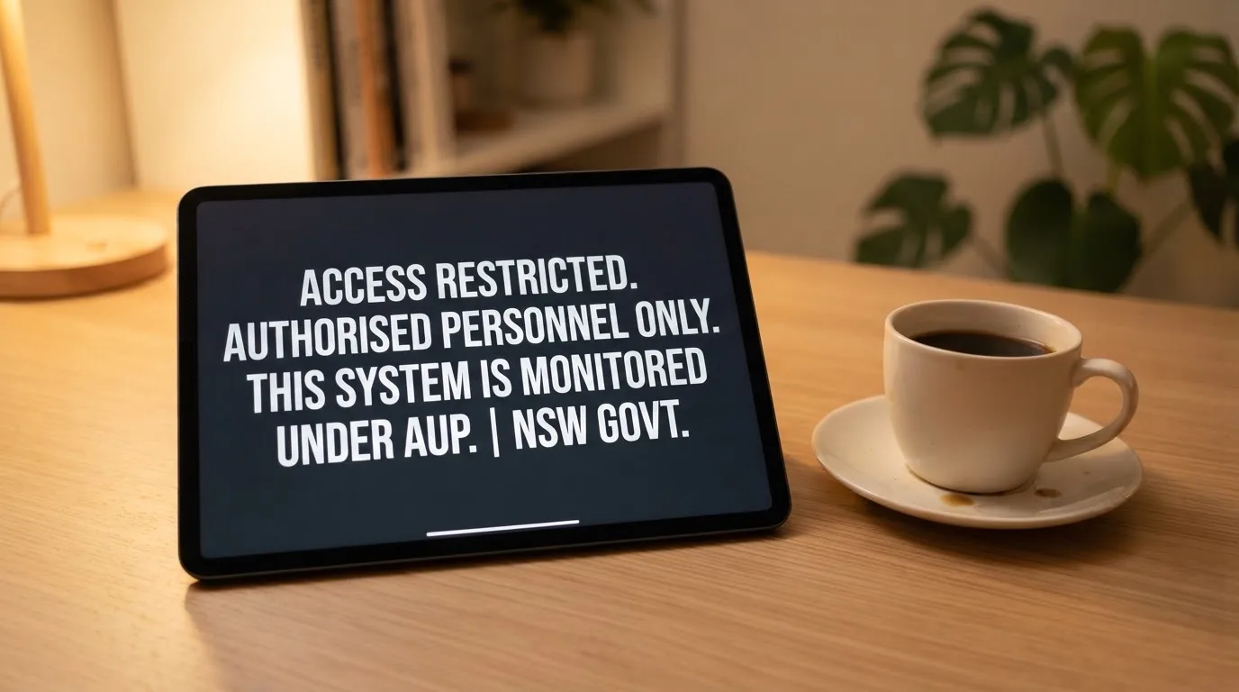 A tablet screen displaying an official regulator warning notice on a desk beside a coffee cup.