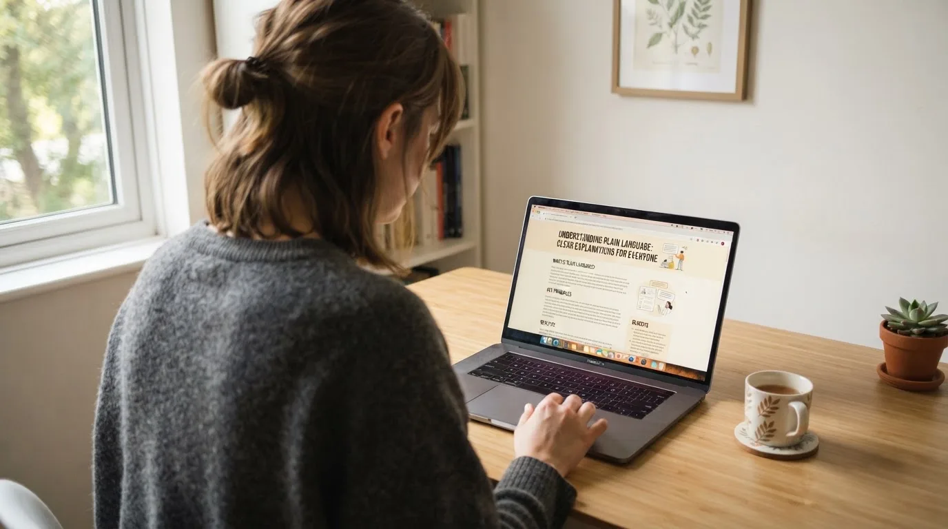 A person at a laptop reading a plain-language explainer article at a home desk.