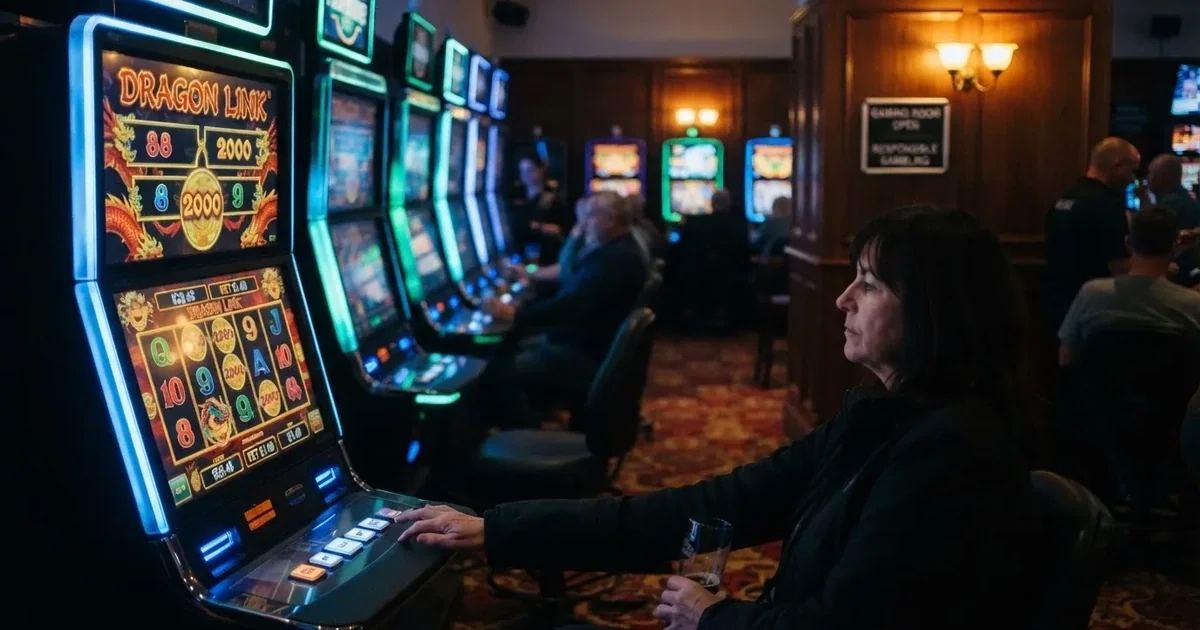 Rows of electronic gaming machines lit up inside a suburban pub near Adelaide's CBD.