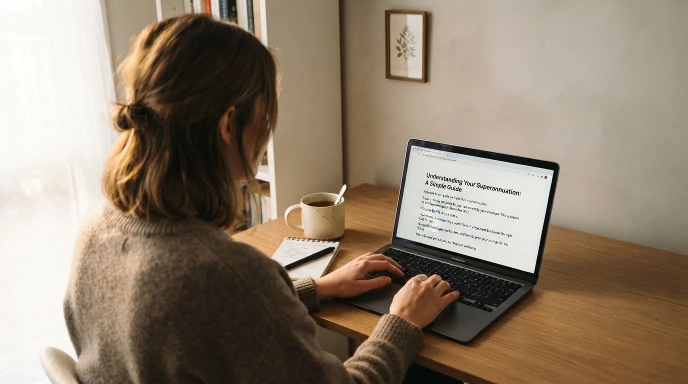 A person at a laptop reading a plain-language explainer article at a home desk.