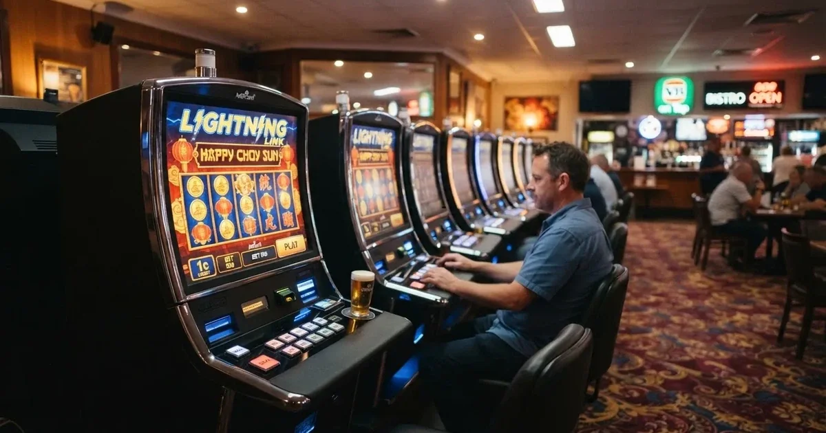 A row of gaming machines inside a licensed club in suburban Brisbane.