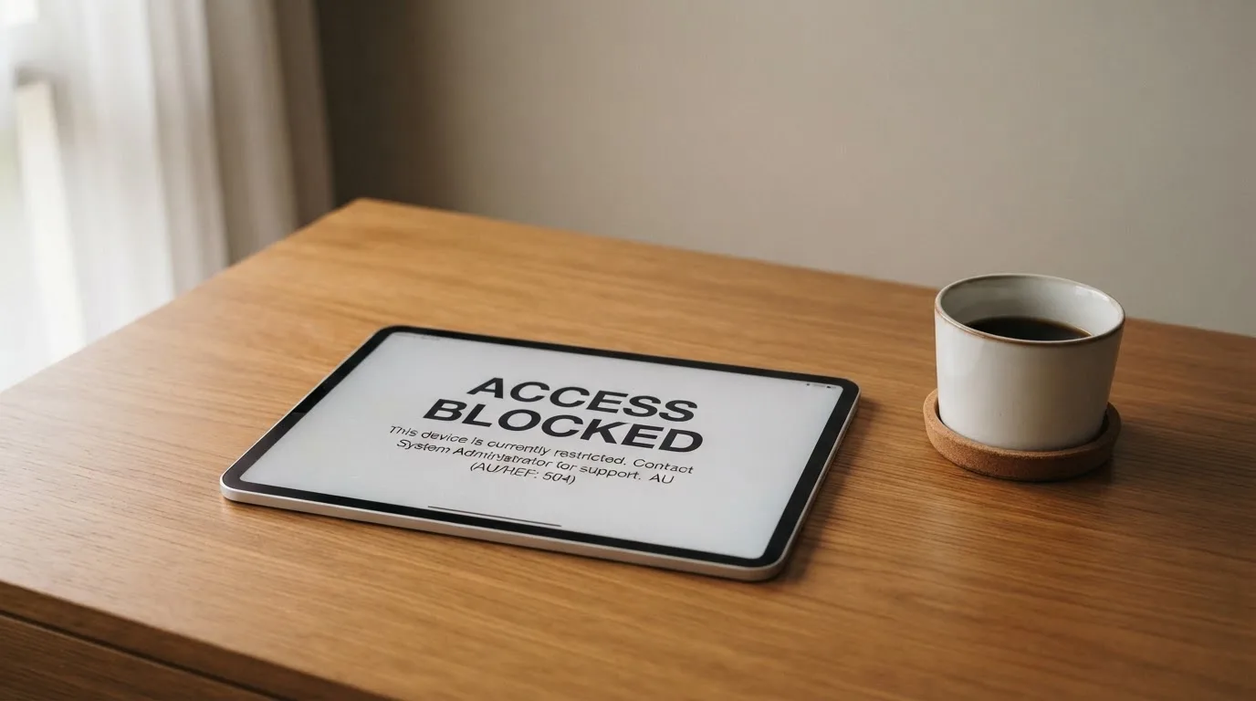 A tablet screen displaying an official regulator warning notice on a desk beside a coffee cup.