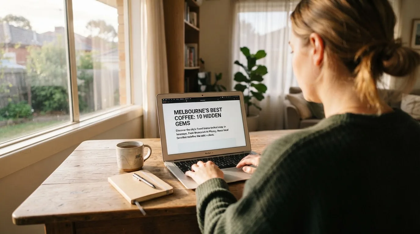 A person at a laptop reading a plain-language explainer article at a home desk.