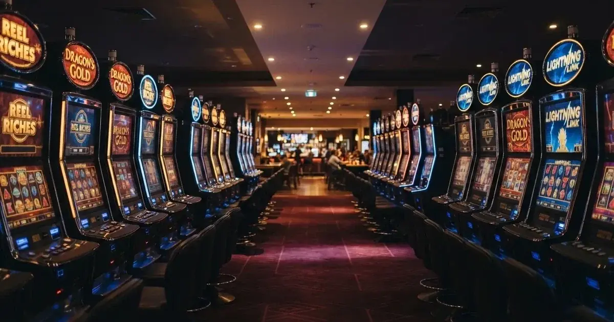 Gaming machines lined up inside a licensed club in central Canberra.