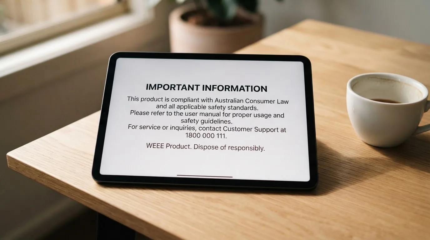 A tablet screen displaying an official regulator warning notice on a desk beside a coffee cup.