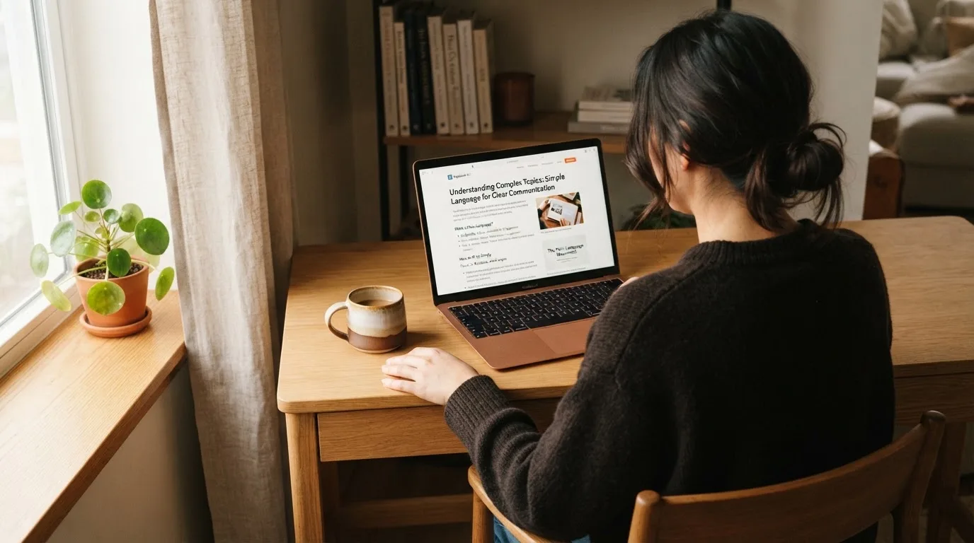 A person at a laptop reading a plain-language explainer article at a home desk.