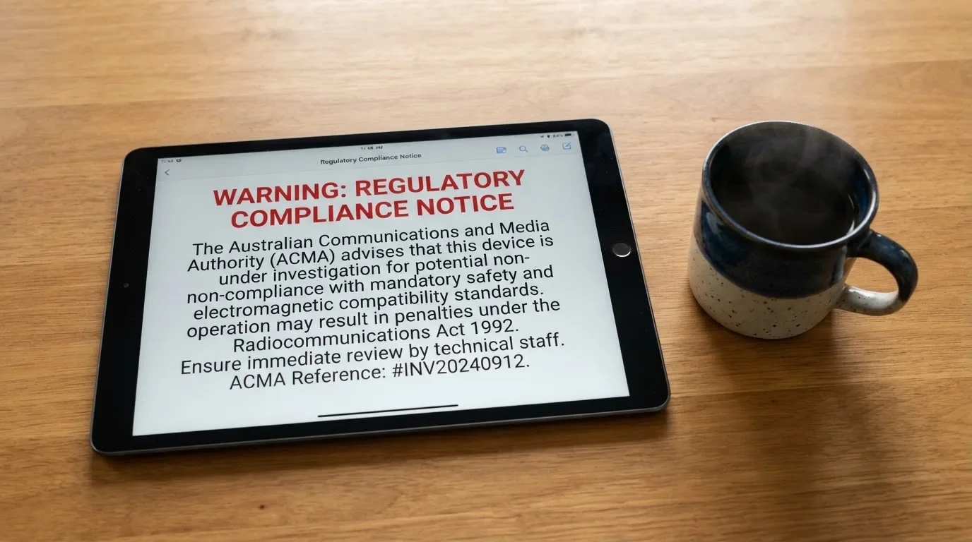 A tablet screen displaying an official regulator warning notice on a desk beside a coffee cup.