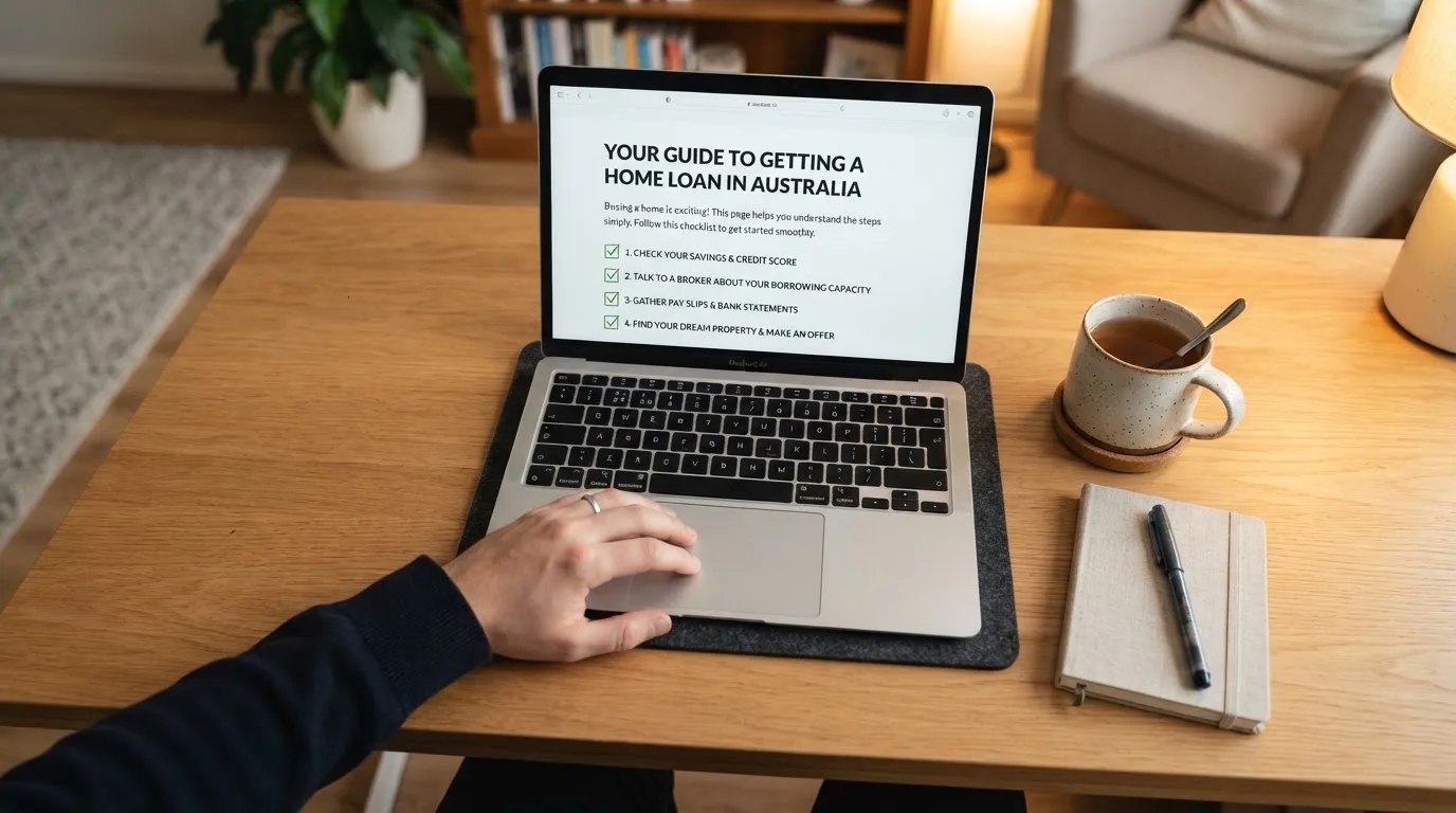 A person at a laptop reading a plain-language explainer article at a home desk.