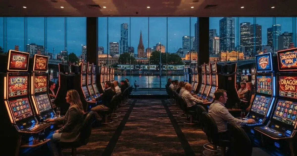 A gaming floor with rows of electronic machines beside the Yarra River in Melbourne.
