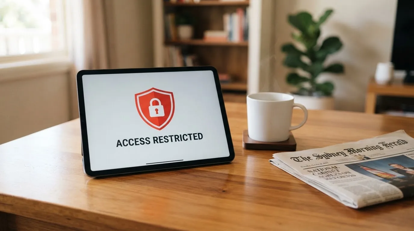 A tablet screen displaying an official regulator warning notice on a desk beside a coffee cup.