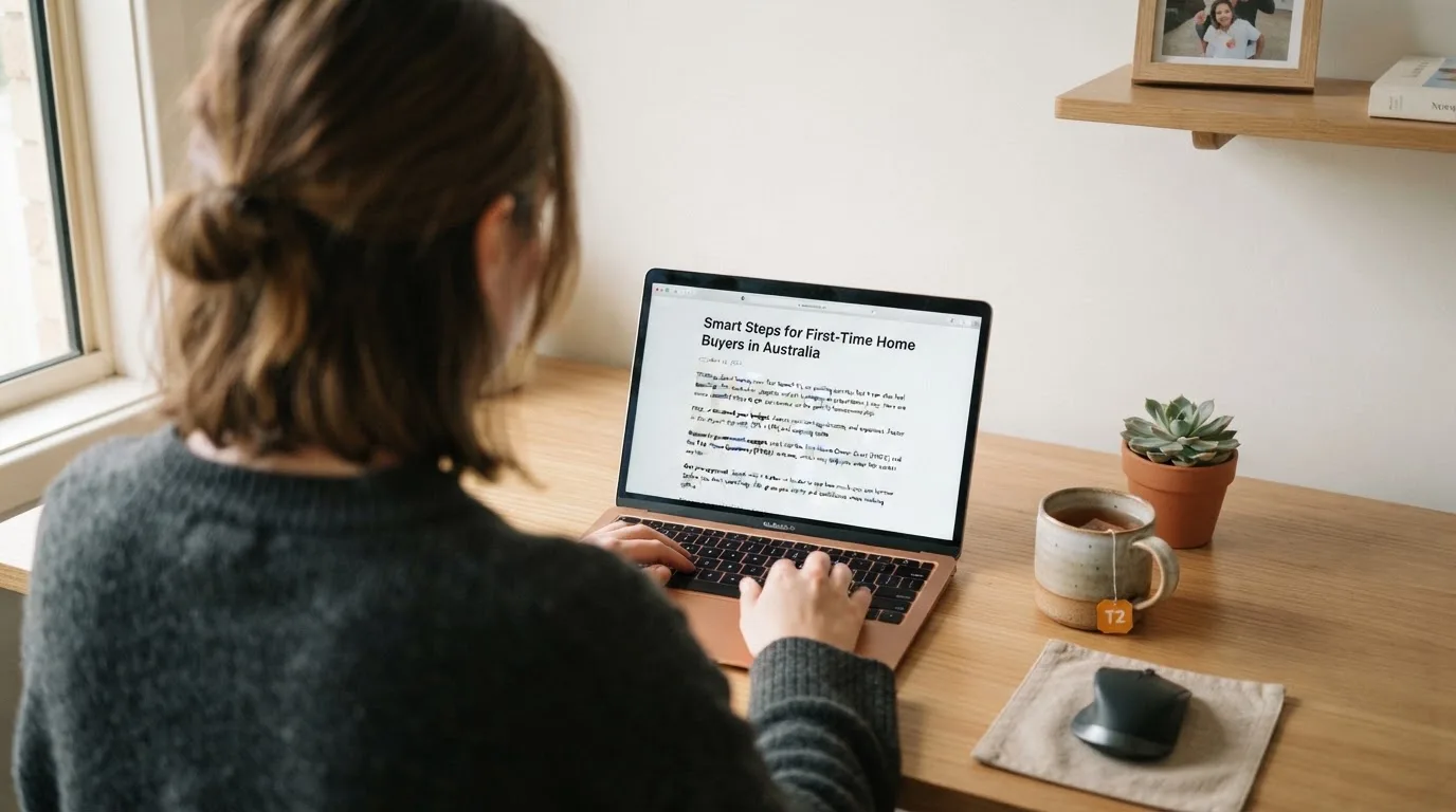 A person at a laptop reading a plain-language explainer article at a home desk.