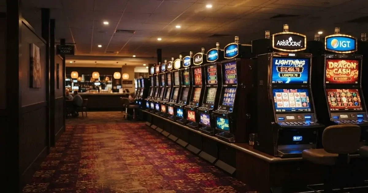 A row of gaming machines inside a suburban registered club in regional New South Wales.