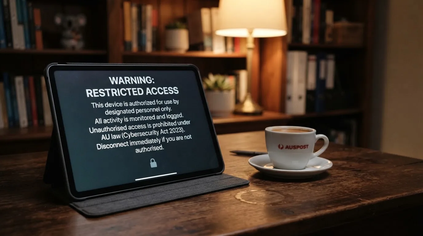 A tablet screen displaying an official regulator warning notice on a desk beside a coffee cup.