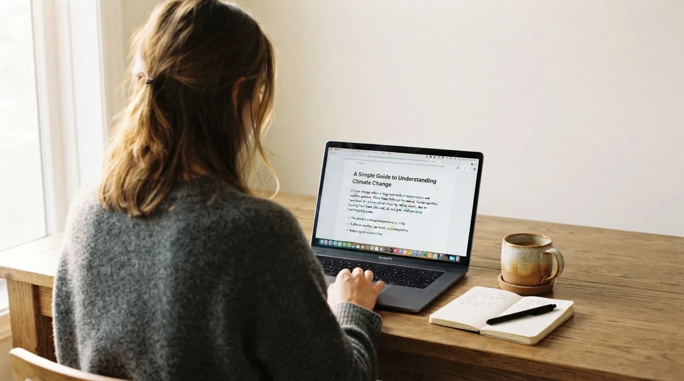 A person at a laptop reading a plain-language explainer article at a home desk.