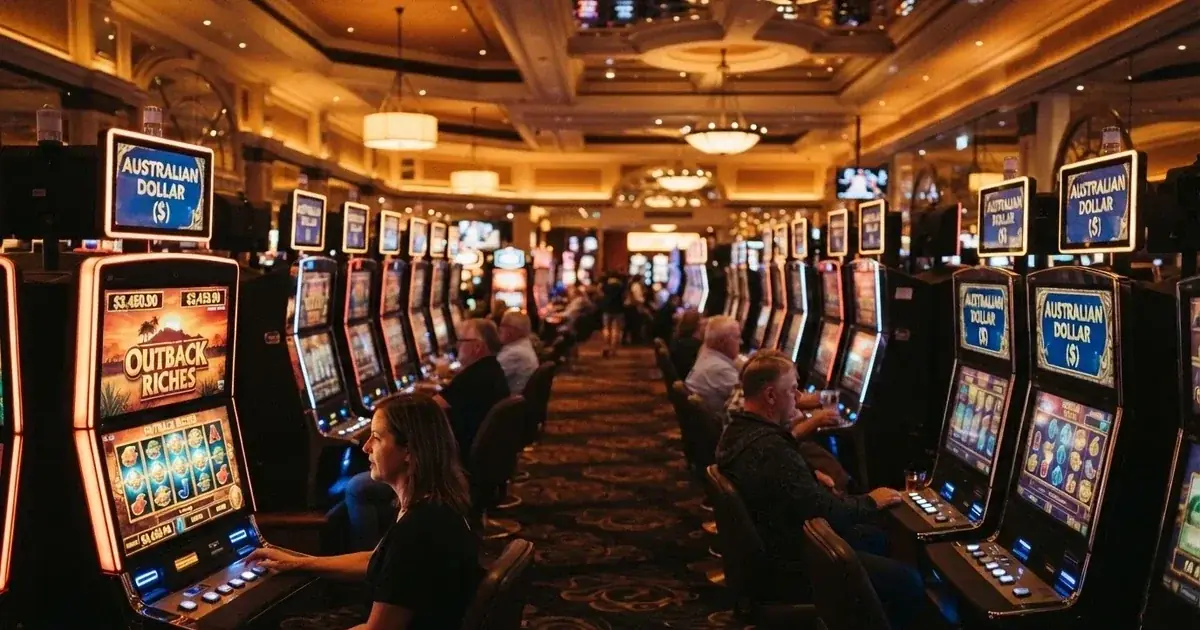 A casino resort gaming floor with rows of electronic machines in Perth.