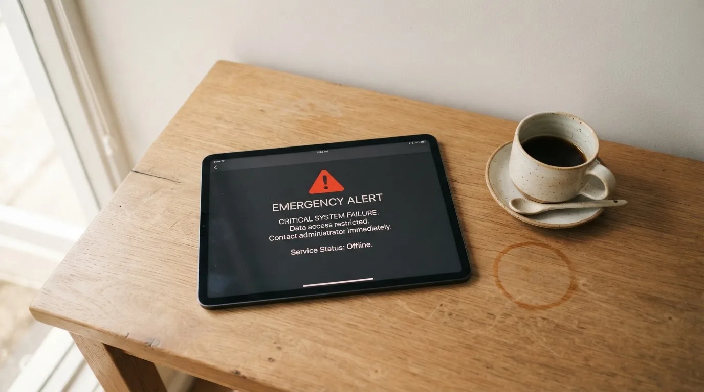 A tablet screen displaying an official regulator warning notice on a desk beside a coffee cup.