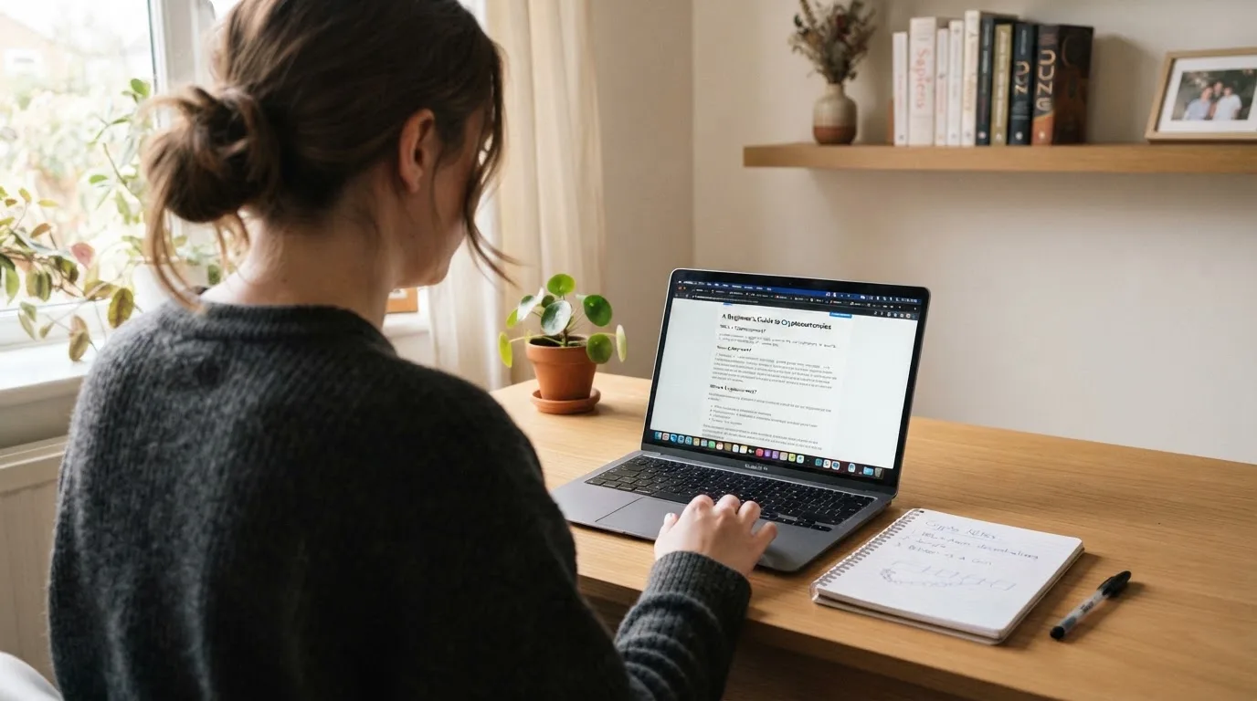 A person at a laptop reading a plain-language explainer article at a home desk.