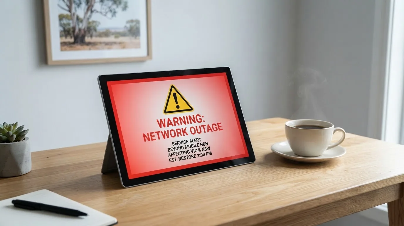 A tablet screen displaying an official regulator warning notice on a desk beside a coffee cup.