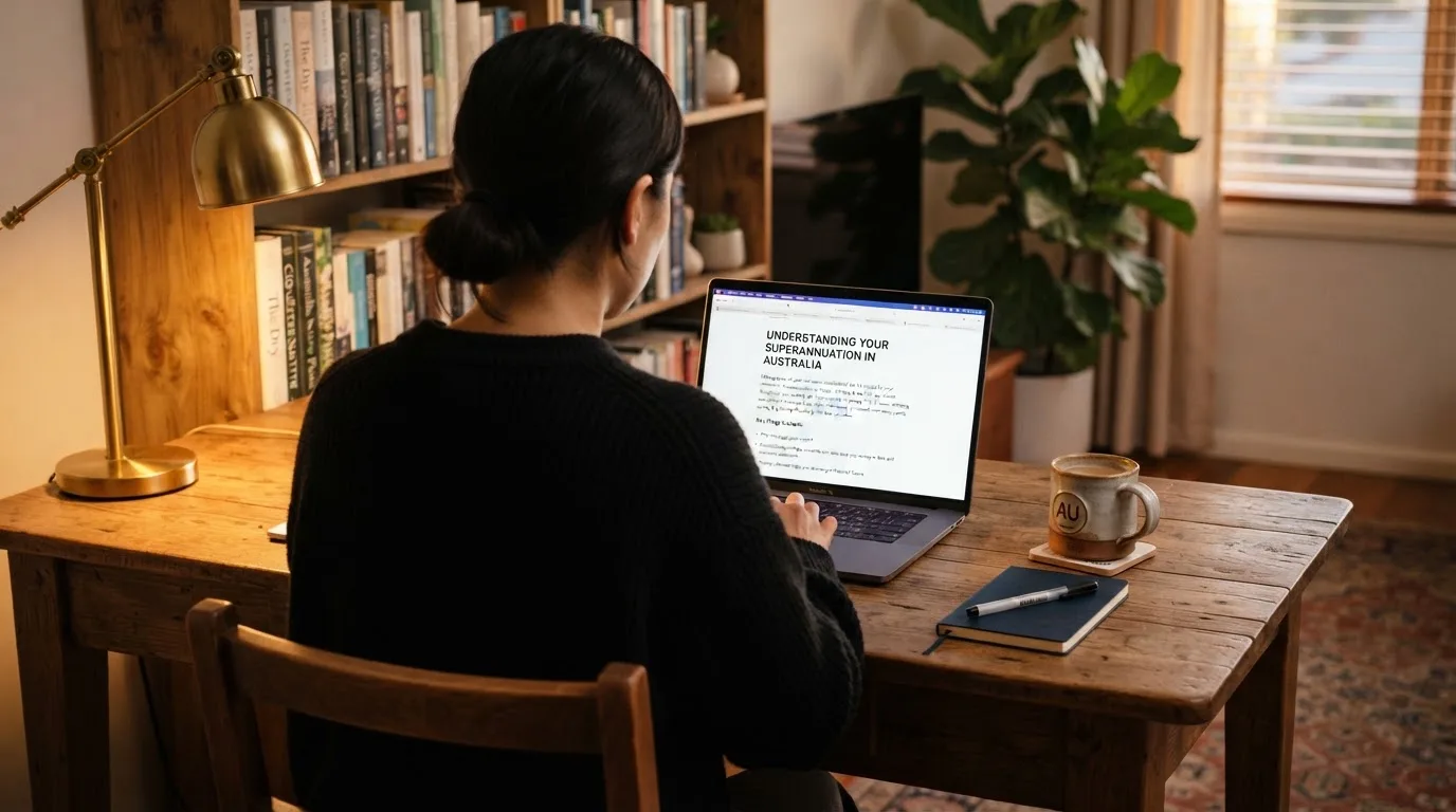 A person at a laptop reading a plain-language explainer article at a home desk.