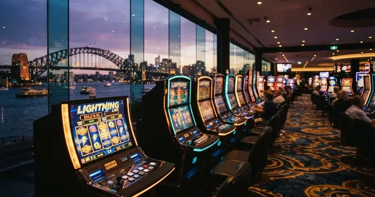 A casino gaming floor overlooking the harbour precinct in Sydney.