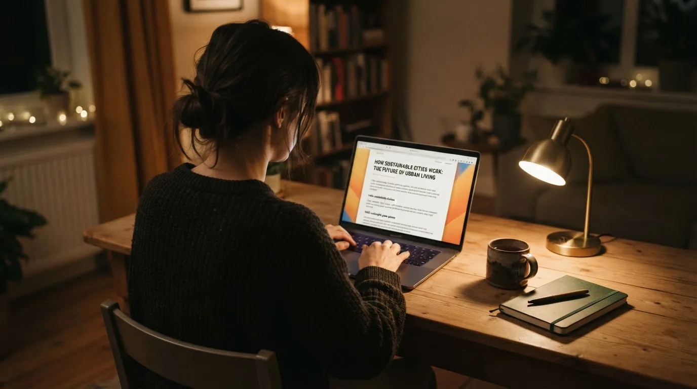 A person at a laptop reading a plain-language explainer article at a home desk.