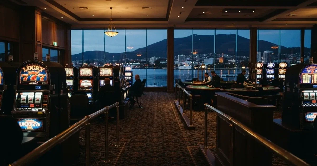 A quiet casino gaming floor inside a waterfront resort in Hobart.