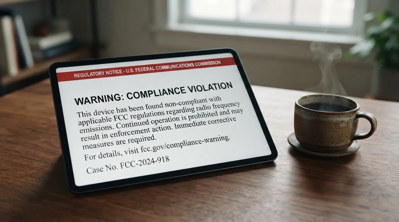A tablet screen displaying an official regulator warning notice on a desk beside a coffee cup.