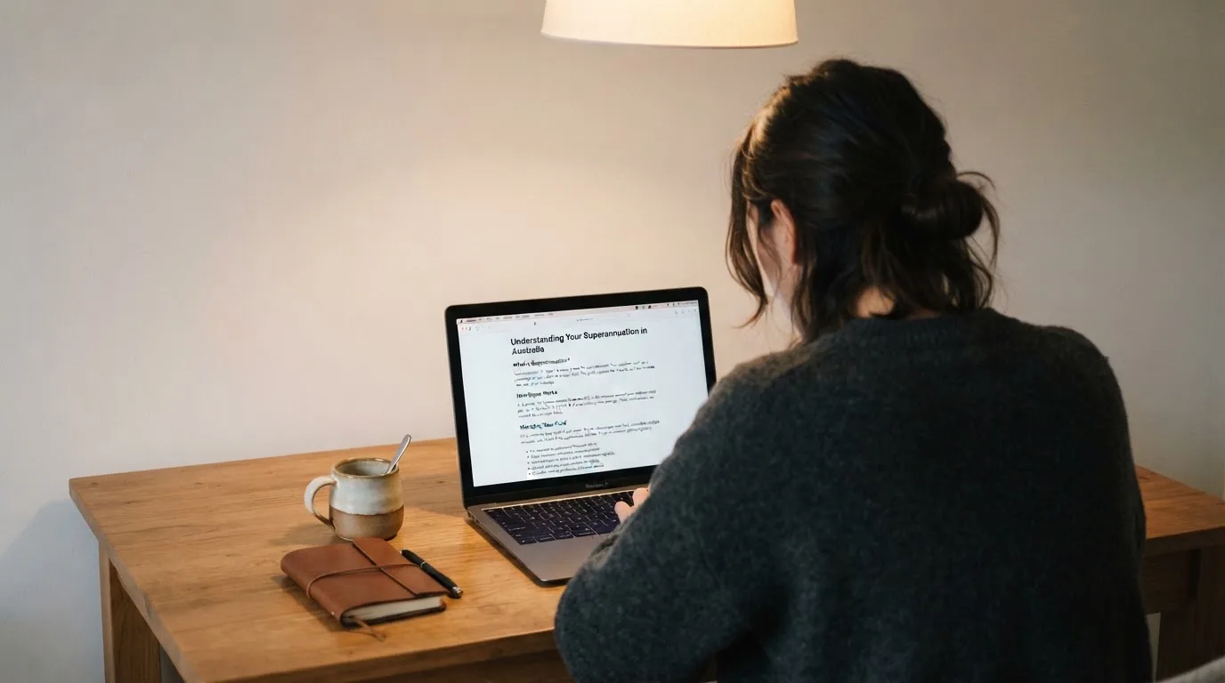 A person at a laptop reading a plain-language explainer article at a home desk.