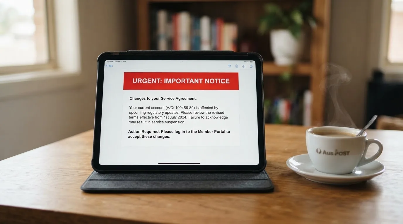 A tablet screen displaying an official regulator warning notice on a desk beside a coffee cup.
