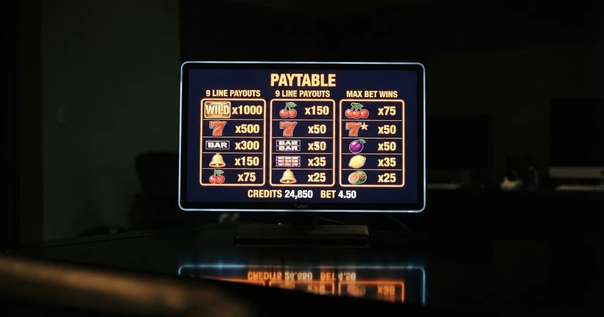 A slot machine's paytable screen glowing on a monitor in a dim room.