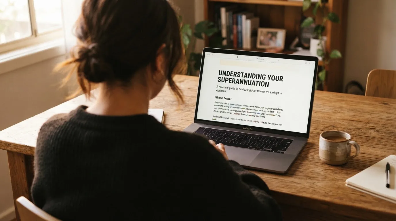 A person at a laptop reading a plain-language explainer article at a home desk.