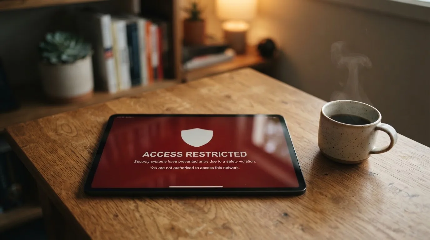 A tablet screen displaying an official regulator warning notice on a desk beside a coffee cup.