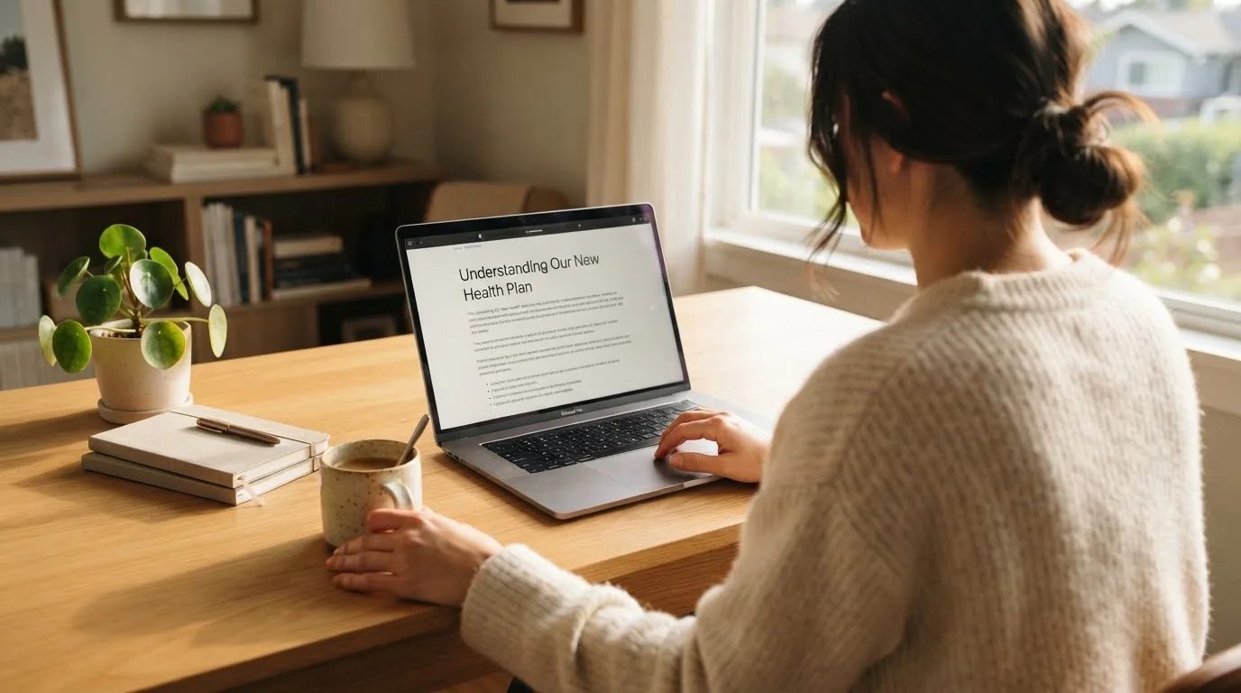 A person at a laptop reading a plain-language explainer article at a home desk.