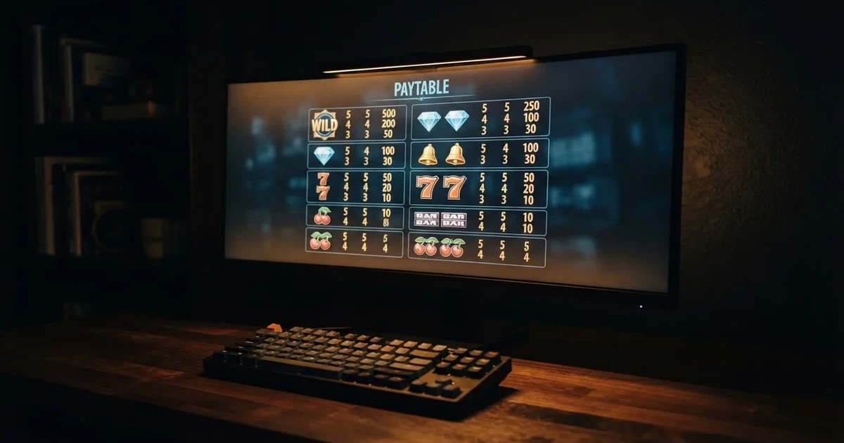 A slot machine's paytable screen glowing on a monitor in a dim room.