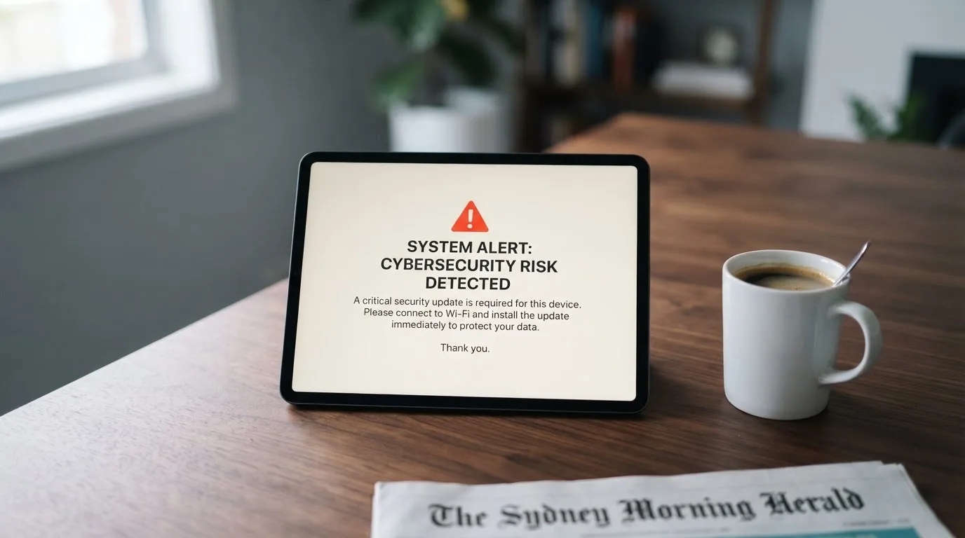 A tablet screen displaying an official regulator warning notice on a desk beside a coffee cup.