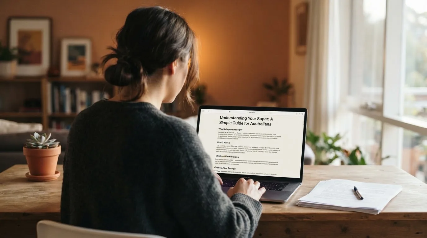 A person at a laptop reading a plain-language explainer article at a home desk.