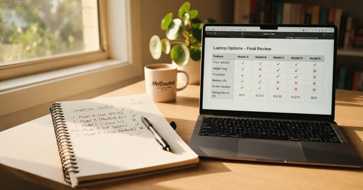 A notepad with a handwritten shortlist beside a laptop showing a comparison table.