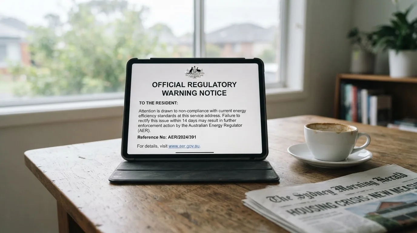 A tablet screen displaying an official regulator warning notice on a desk beside a coffee cup.