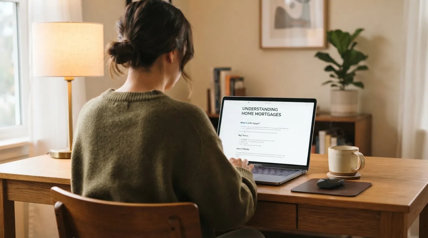 A person at a laptop reading a plain-language explainer article at a home desk.