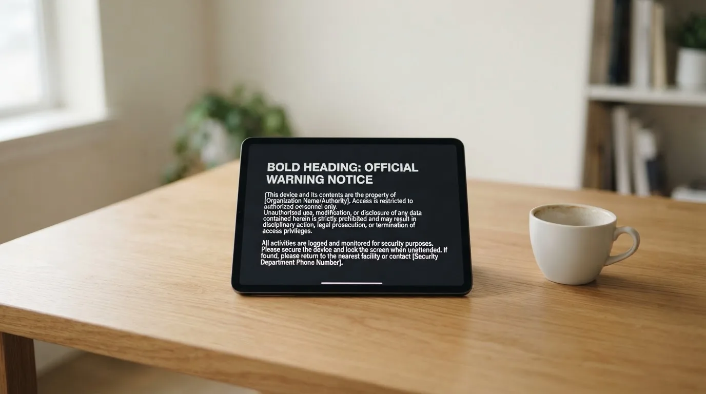 A tablet screen displaying an official regulator warning notice on a desk beside a coffee cup.