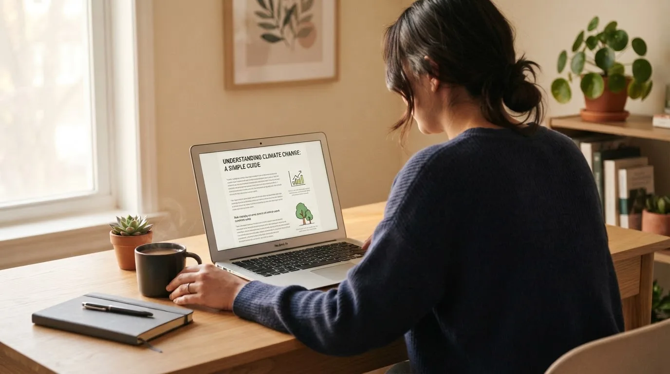 A person at a laptop reading a plain-language explainer article at a home desk.