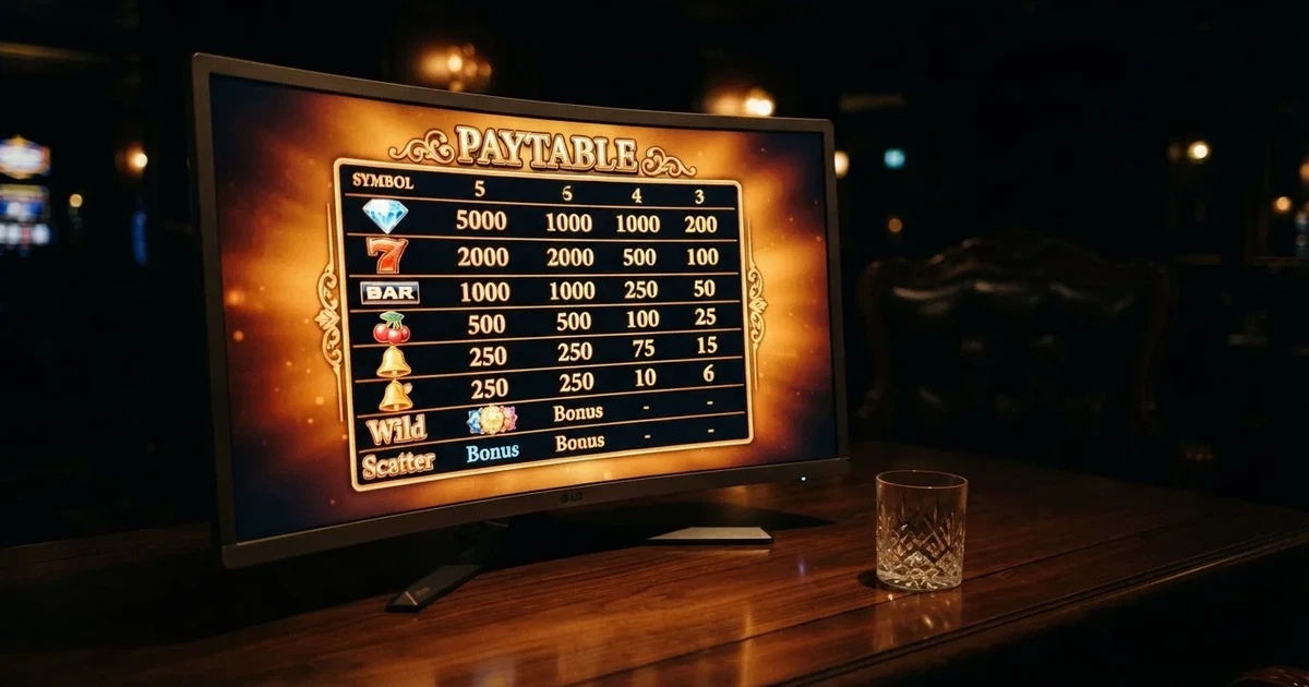 A slot machine's paytable screen glowing on a monitor in a dim room.