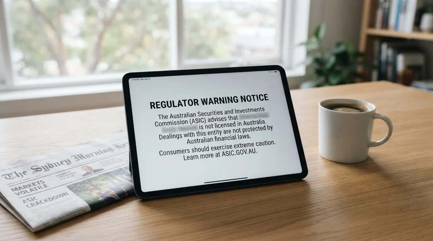 A tablet screen displaying an official regulator warning notice on a desk beside a coffee cup.