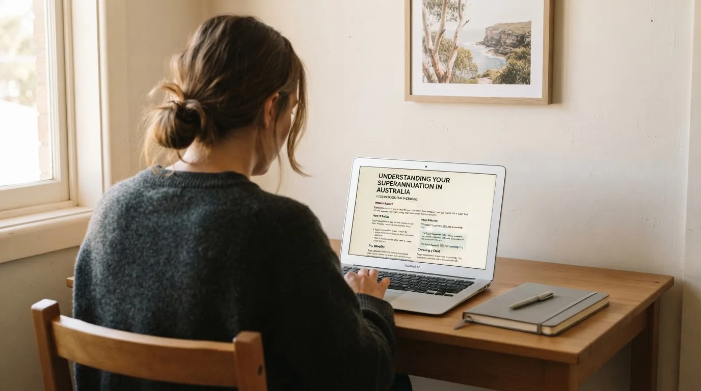 A person at a laptop reading a plain-language explainer article at a home desk.
