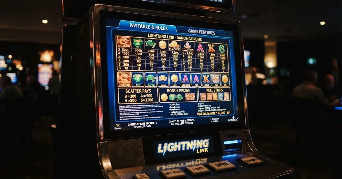 A slot machine's paytable screen glowing on a monitor in a dim room.