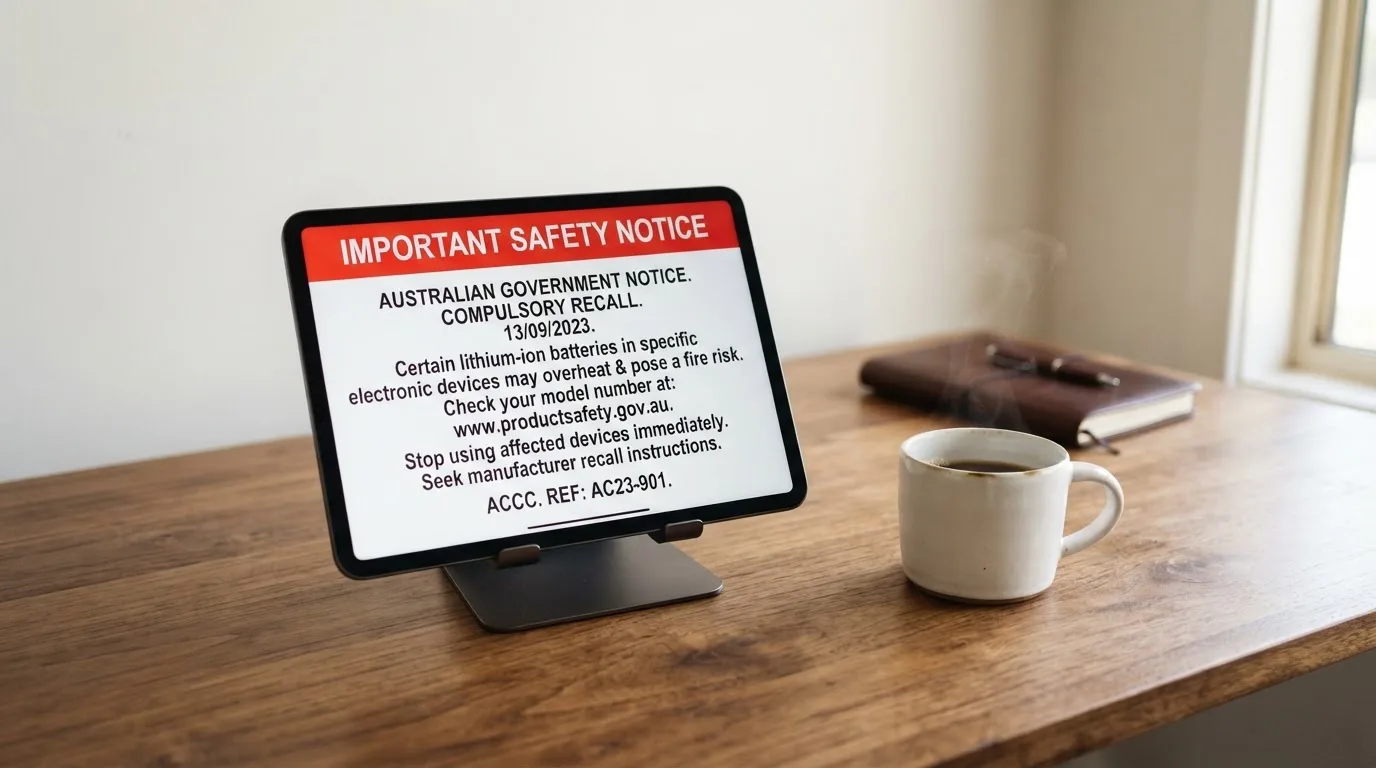 A tablet screen displaying an official regulator warning notice on a desk beside a coffee cup.