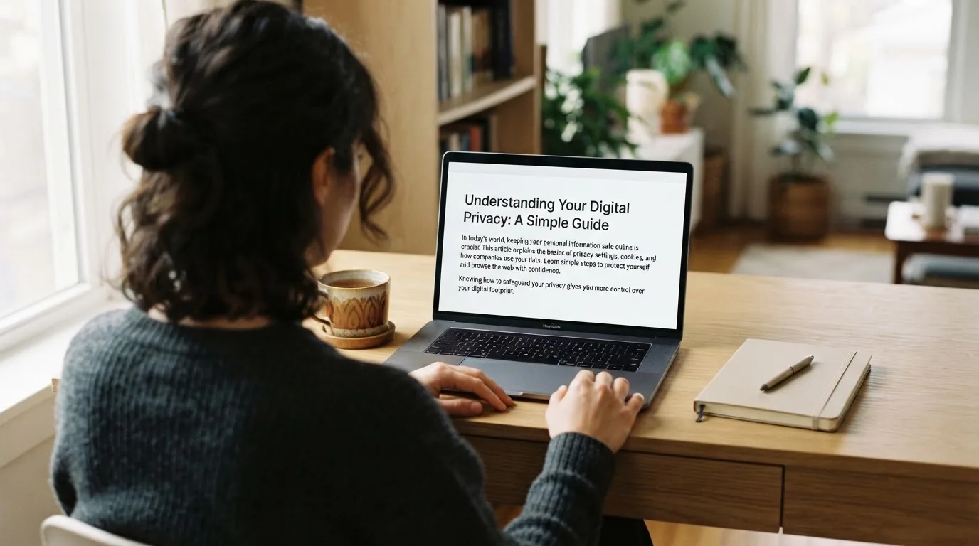 A person at a laptop reading a plain-language explainer article at a home desk.