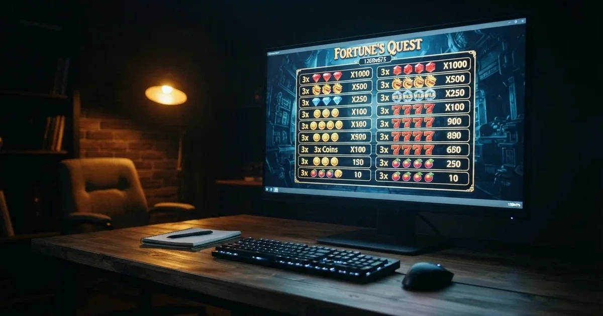 A slot machine's paytable screen glowing on a monitor in a dim room.