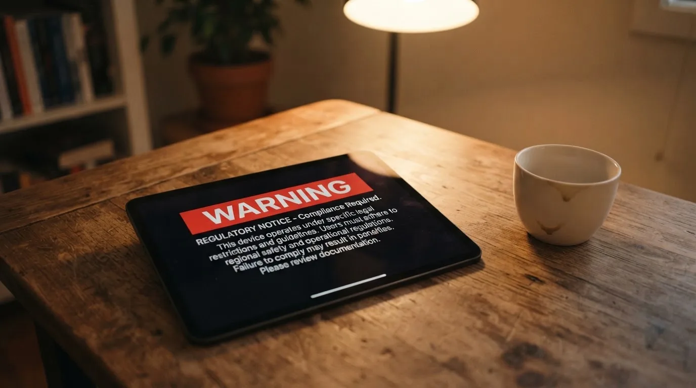 A tablet screen displaying an official regulator warning notice on a desk beside a coffee cup.